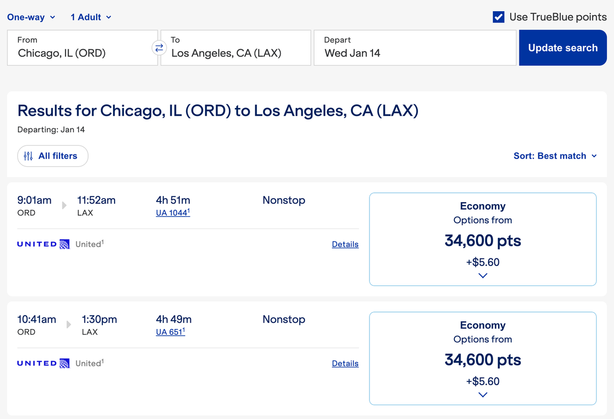 Screenshot 2025 10 23 at 8.38.31 AM United ORD LAX booked via JetBlue